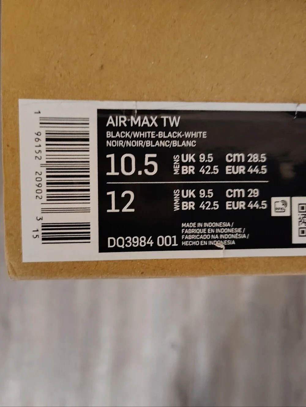 Nike Air Max TW Black White Men's Size 10.5